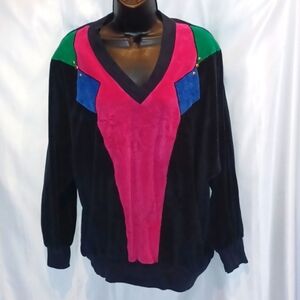 YS Sport VTG Women's Sz XL Black Pink Green Color Block Velour Lounge Sweatshirt